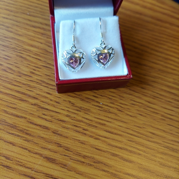 SS 925 Dangle Heart Earrings w/Pink Cz 1", GC. - Picture 6 of 8